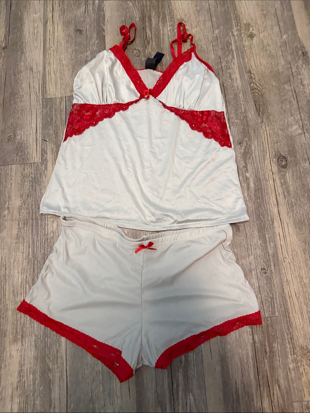 Women's Cream Cami & Short Sleep Set with Red Lace Trim